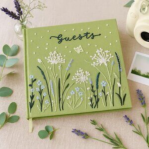 Embroidered Guest Book Botanical Keepsake Green Floral Linen Sign In Album